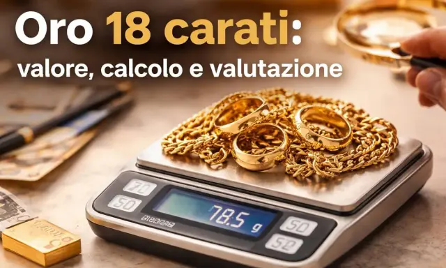 Gioielli d'oro su una bilancia digitale, che mostra come si misura l'oro. Valutazione di oro 18 carati.