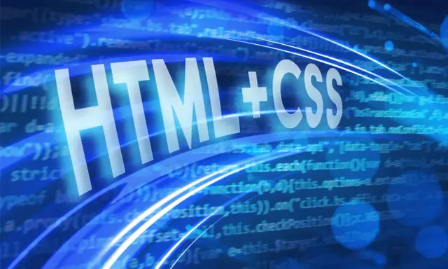 Napis HTML+CSS na tle kodu programistycznego w kolorach niebieskim i białym.