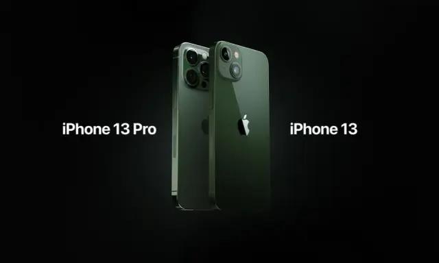 Dwa zielone iPhone'y 13 Pro i iPhone 13 na czarnym tle.