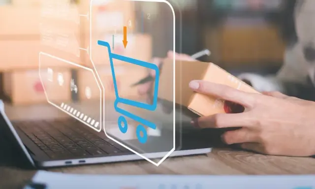 Wizualizacja procesu sprzedaży online. Widoczny laptop, ręce trzymające paczkę i ikony koszyka. To pokazuje, jak działa Baselinker.