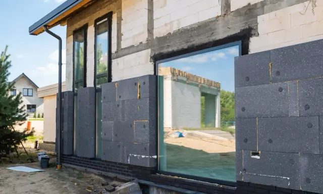 Panneaux de polystyrène gris fixés sur le mur d'une maison en construction, étape de l'isolation par l'extérieur.