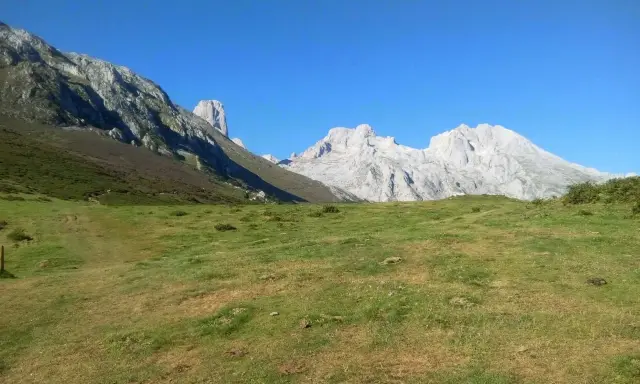 Majestatyczne szczyty Picos de Europa, w tym charakterystyczny Torre de Cerredo, wznoszą się nad zieloną doliną.