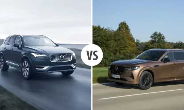 Porównanie Volvo XC90 i nowego SUV-a Mazda CX-60. Dwa luksusowe auta na drodze.