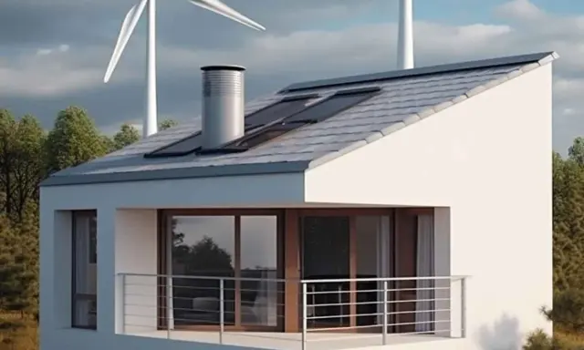 Ein modernes Einfamilienhaus mit Solarpaneelen und einer Kleinwindkraftanlage im Hintergrund, die für nachhaltige Energie sorgt.