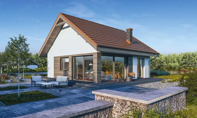 Nowoczesny dom 70m2 wnetrze z dużymi przeszkleniami i tarasem. Wygodne fotele i stolik na patio zapraszają do relaksu.