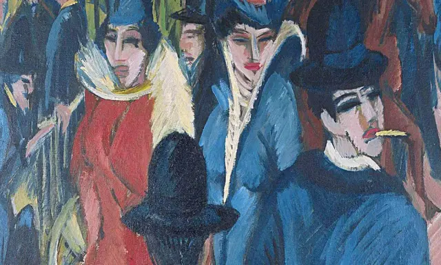 Expressionismus vertreter: Menschen mit markanten Gesichtern und Hüten in leuchtenden Farben. Ein Mann raucht, eine Frau trägt einen blauen Mantel.