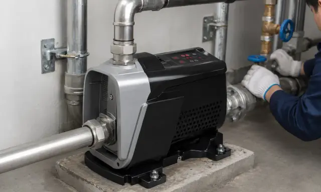 Pompa per acqua con pannello digitale. Un tecnico con guanti bianchi regola una valvola, forse per controllare il rumore pressione acqua.