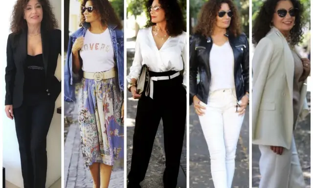Donna con capelli ricci sfoggia diversi outfit eleganti, dimostrando il suo innato senso dello stile.