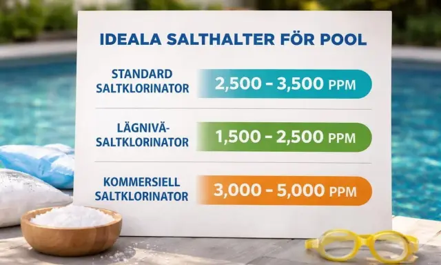 Tabell visar ideal salthalt för poolen beroende på saltklorinator. Frågan "hur mycket salt i poolen" besvaras med olika PPM-intervall.
