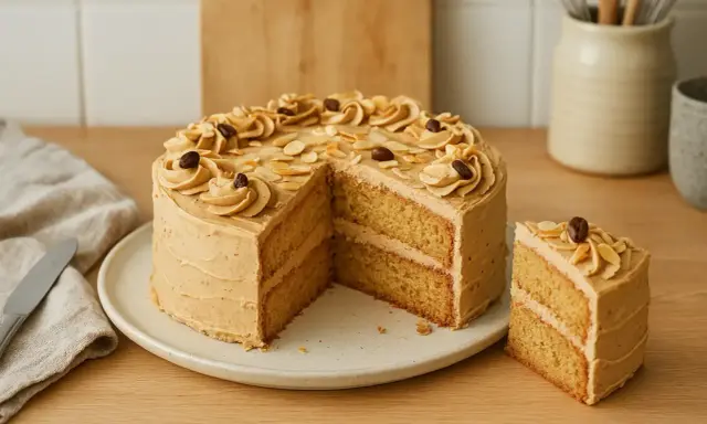 Un délicieux gâteau moka à deux étages, garni de crème au café, d'amandes effilées et de grains de café. Une part est déjà coupée.