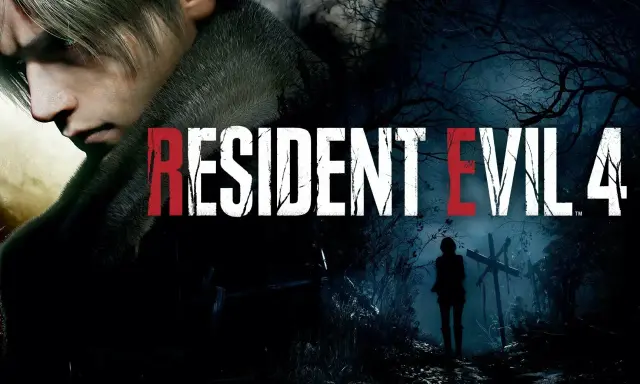 Leon S. Kennedy w mrocznym lesie, obok napisu Resident Evil 4. Ten obraz to świetny wstęp do poradnika Resident Evil 4.