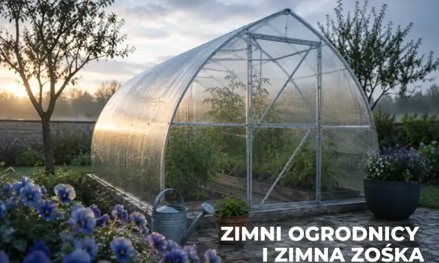 Szklarnia w ogrodzie o wschodzie słońca, z kwiatami i konewką. Czas na zimni ogrodnicy, kiedy pogoda bywa kapryśna.