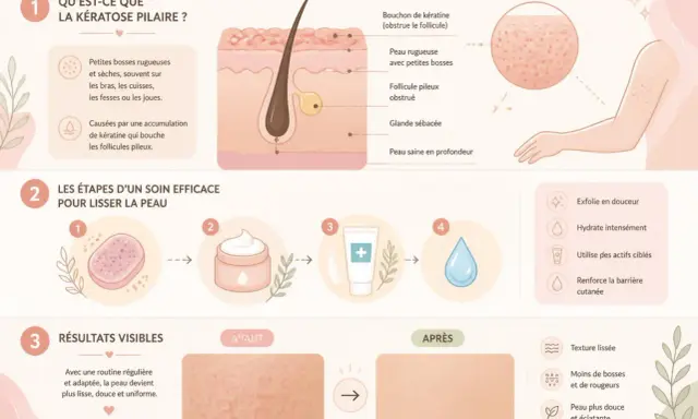 Illustration expliquant la kératose pilaire, ses causes et les étapes d'un soin pour lisser la peau, transformant une peau rugueuse type "peau de fraise" en une peau lisse.