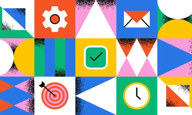 Icônes colorées : engrenage, enveloppe, cible, coche, horloge. Une illustration abstraite pour une application de tâches à faire.