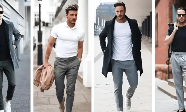 Four men showcase stylish gray pants outfits, from casual to smart-casual looks.