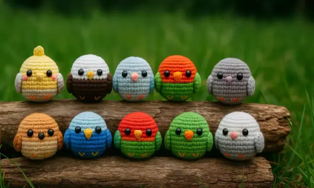Diez adorables pajaritos de ganchillo, de varios colores, sentados en un tronco. ¡Perfectos patrones para crear tu propia bandada!