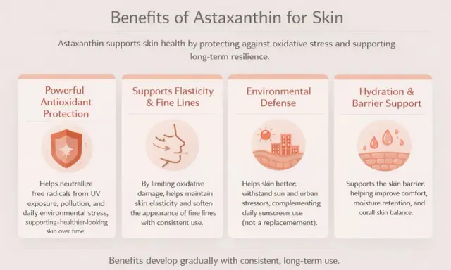 Les bienfaits de l'astaxanthine pour la peau : protection antioxydante, élasticité, défense environnementale et soutien de la barrière cutanée.