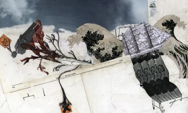 A dramatic collage art piece depicting a sailing ship navigating stormy seas, with elements of seaweed, a skull and crossbones, and a row of faces.