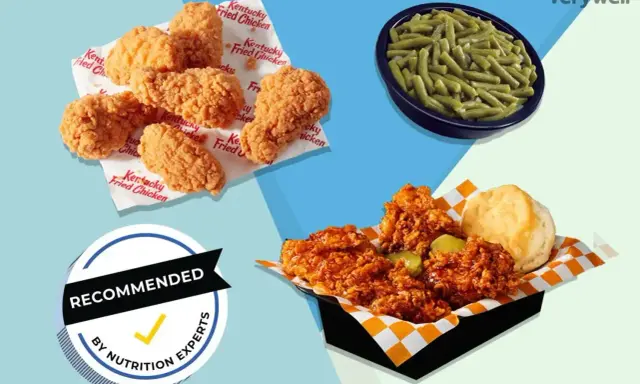 Kawałki smażonego kurczaka KFC, fasolka szparagowa i bułka. Czy to dobry wybór pod kątem twister kfc kcal?