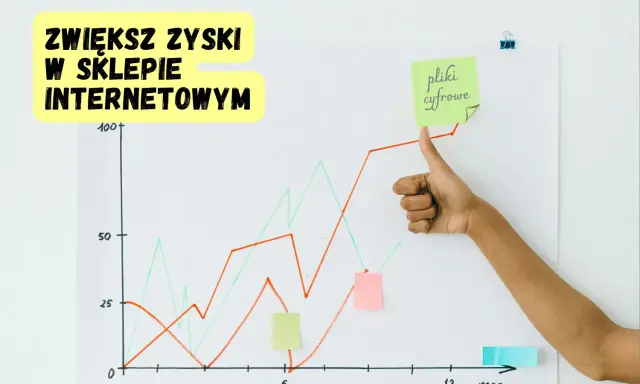 Wykres wzrostu zysków w sklepie internetowym. Kciuk w górę i notatka "pliki cyfrowe" sugerują sukces tej formy sprzedaży.