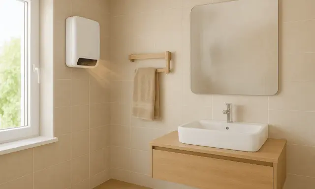 Chauffage salle de bain mural blanc diffusant une douce chaleur. Un porte-serviettes en bois avec une serviette beige est accroché à côté.