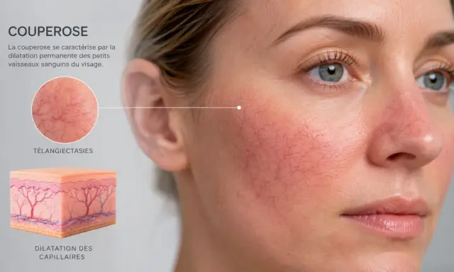 Gros plan sur le visage d'une femme montrant la couperose, avec des vaisseaux sanguins dilatés sur les joues. Des schémas expliquent la dilatation des capillaires.