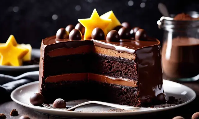 Un délicieux gâteau sucré au chocolat, garni de boules de chocolat et d'étoiles jaunes. Une part a été coupée, révélant ses couches moelleuses.