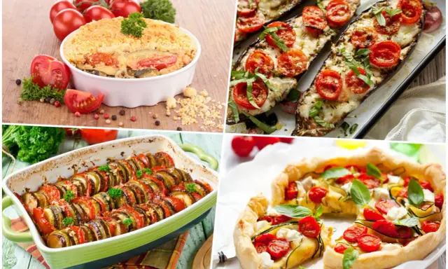 Quatre plats d'été colorés : gratin de légumes, aubergines farcies, ratatouille et tarte salée. Parfaites pour une recette été.