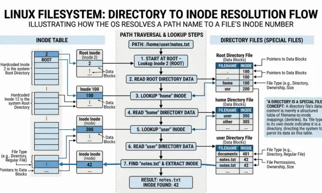 Schemat pokazuje, jak system Linux odnajduje plik, przechodząc przez katalogi, by join js do jego numeru inode.