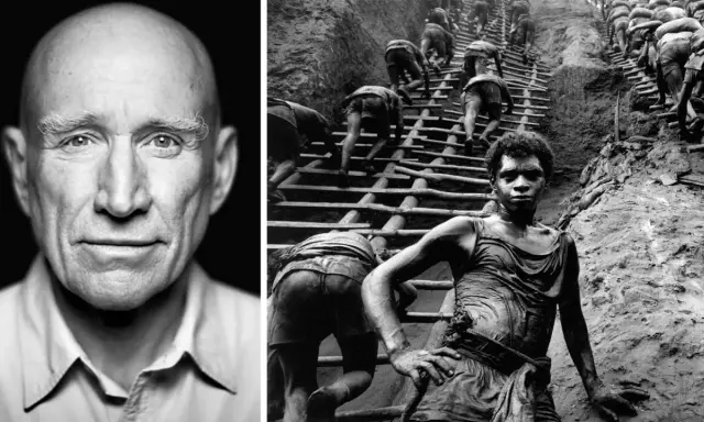 Ritratto di un uomo calvo e un gruppo di persone che scalano una ripida scala di legno. Foto celebri che raccontano storie di vita.