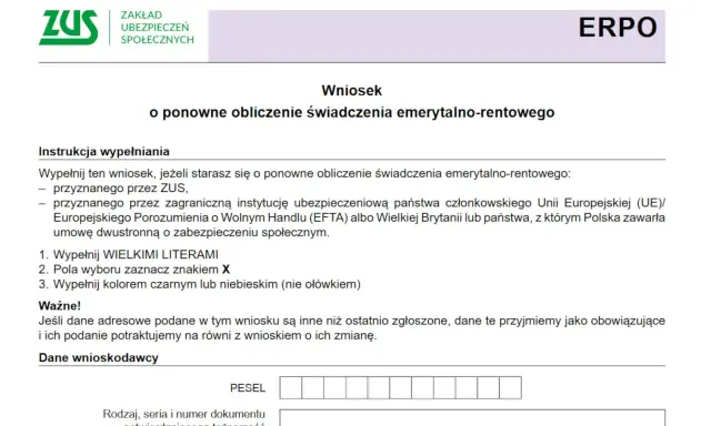 Wniosek o ponowne obliczenie emerytury lub renty. Instrukcja wypełniania wniosku, jak obliczyć emeryturę, dane wnioskodawcy.
