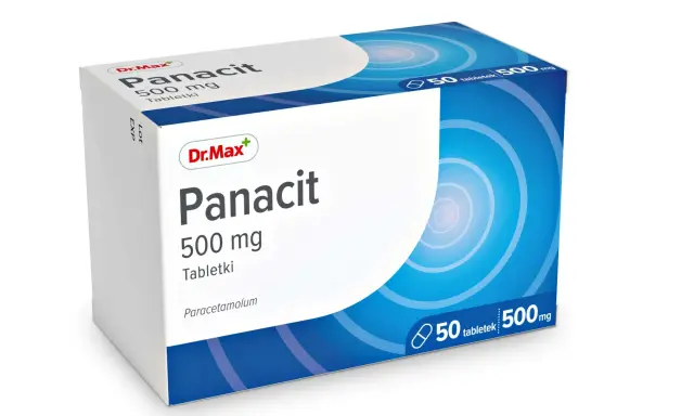 Opakowanie leku Panacit 500 mg, zawierające 50 tabletek z paracetamolem. Idealny na ból głowy.
