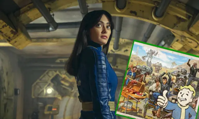 Kobieta w niebieskim kombinezonie z serii Fallout, obok wesoły Vault Boy i scena z postapokaliptycznego świata.