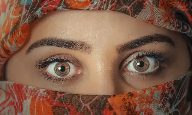 Ojos color miel que miran con curiosidad, enmarcados por un velo con estampado naranja y marrón.