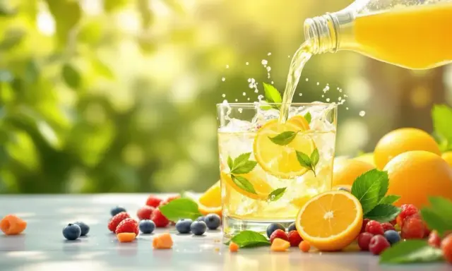Verre de boisson rafraîchissante avec des rondelles de citron et des feuilles de menthe, arrosé d'un liquide jaune. Autour, des fruits rouges, des myrtilles et des oranges. Une boisson parfaite pour l'hydratation, une eau electrolyte naturelle.