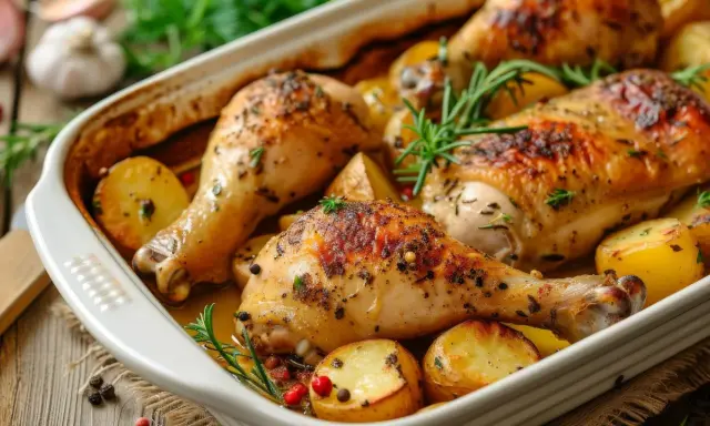 Muslos de pollo al horno dorados y jugosos, acompañados de patatas asadas y romero fresco. ¡Un festín para la vista y el paladar!