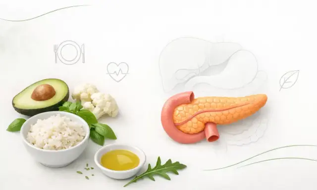 Zdrowe składniki jak awokado, ryż, kalafior i oliwa wspierają dietę trzustkową. Obok model trzustki i wątroby.