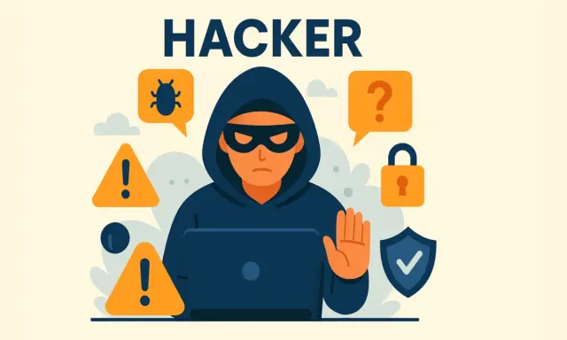 Ein schwarzer Hut Hacker mit Kapuze und Maske sitzt vor einem Laptop. Warnsymbole, ein Käfer und ein Schloss umgeben ihn.