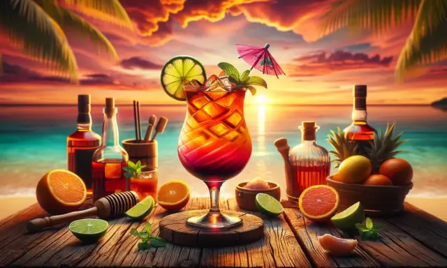 Tropikalny drink rum punch z owocami i butelkami alkoholu na plaży o zachodzie słońca.
