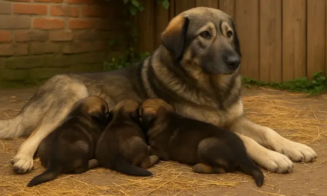 Un majestueux berger des Carpates veille sur ses trois adorables chiots blottis contre lui, dans une scène paisible de tendresse maternelle.
