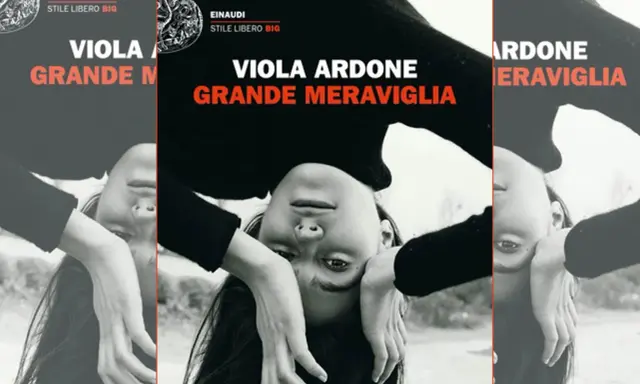 Copertina del libro "Grande Meraviglia" di Viola Ardone, con il volto di una ragazza capovolto.