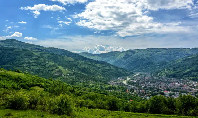 Zielone wzgórza Karpat na Ukrainie, z miasteczkiem w dolinie i rzeką.
