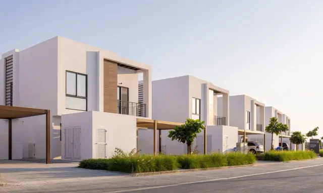 Frente fachadas de casas modernas con líneas limpias y detalles en madera. Un camino de adoquines y césped verde adornan el exterior.