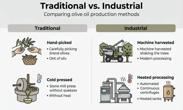 Ilustra cómo se hace el aceite de oliva: tradicionalmente a mano y prensado en frío, o industrialmente con máquinas y calor.