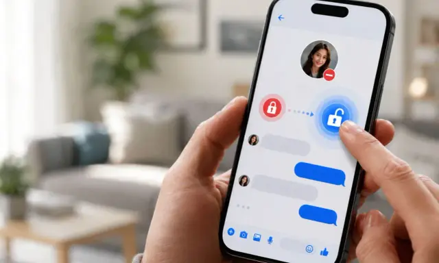 Palec dotyka ikony odblokowanego zamka na ekranie telefonu, pokazując jak odblokować kogoś na FB na telefonie.