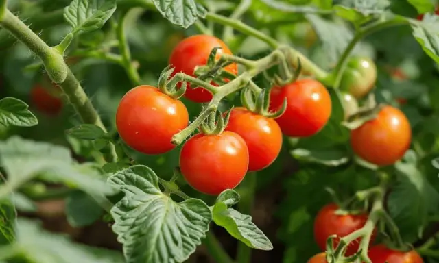 Grappe de tomates black cherry rouges et brillantes, mûrissant sur leur pied vert feuillu.