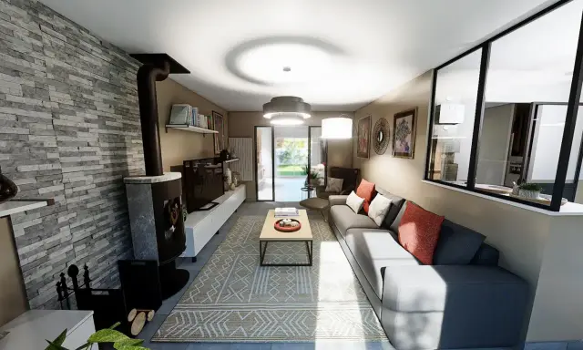 Plan aménagement salon en longueur : canapé d'angle gris, poêle à bois, mur en pierre, table basse et tapis géométrique.