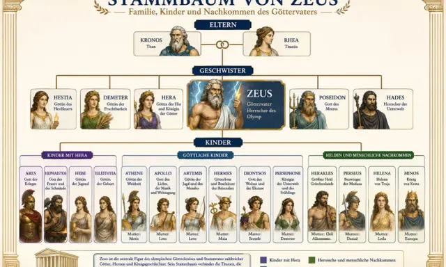 Der Stammbaum zeigt Zeus, den Göttervater und Herrscher des Olymps, sowie seine Familie. Wer ist Zeus? Er ist der Sohn von Kronos und Rhea.