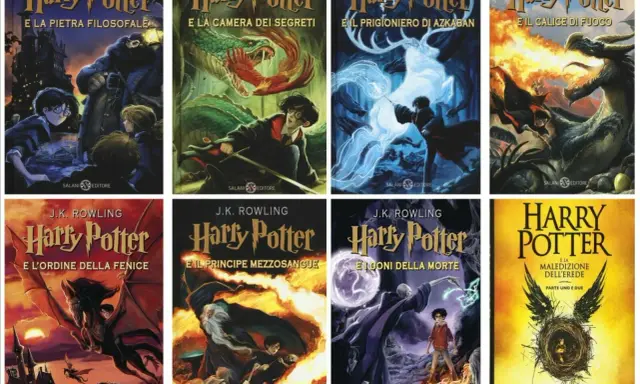 Copertine dei libri di J.K. Rowling: Harry Potter e la Pietra Filosofale, Camera dei Segreti, Prigioniero di Azkaban, Calice di Fuoco, Ordine della Fenice, Principe Mezzosangue, Doni della Morte e Maledizione dell'Erede.