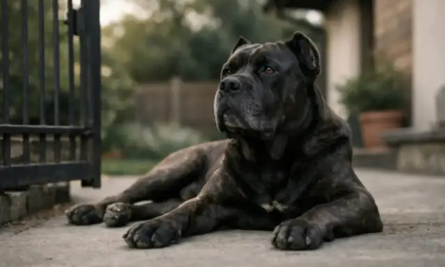 Potężny pies rasy Cane Corso leży przy bramie. Czy cane corso są groźne? Ten pies wygląda na spokojnego, ale czujnego.